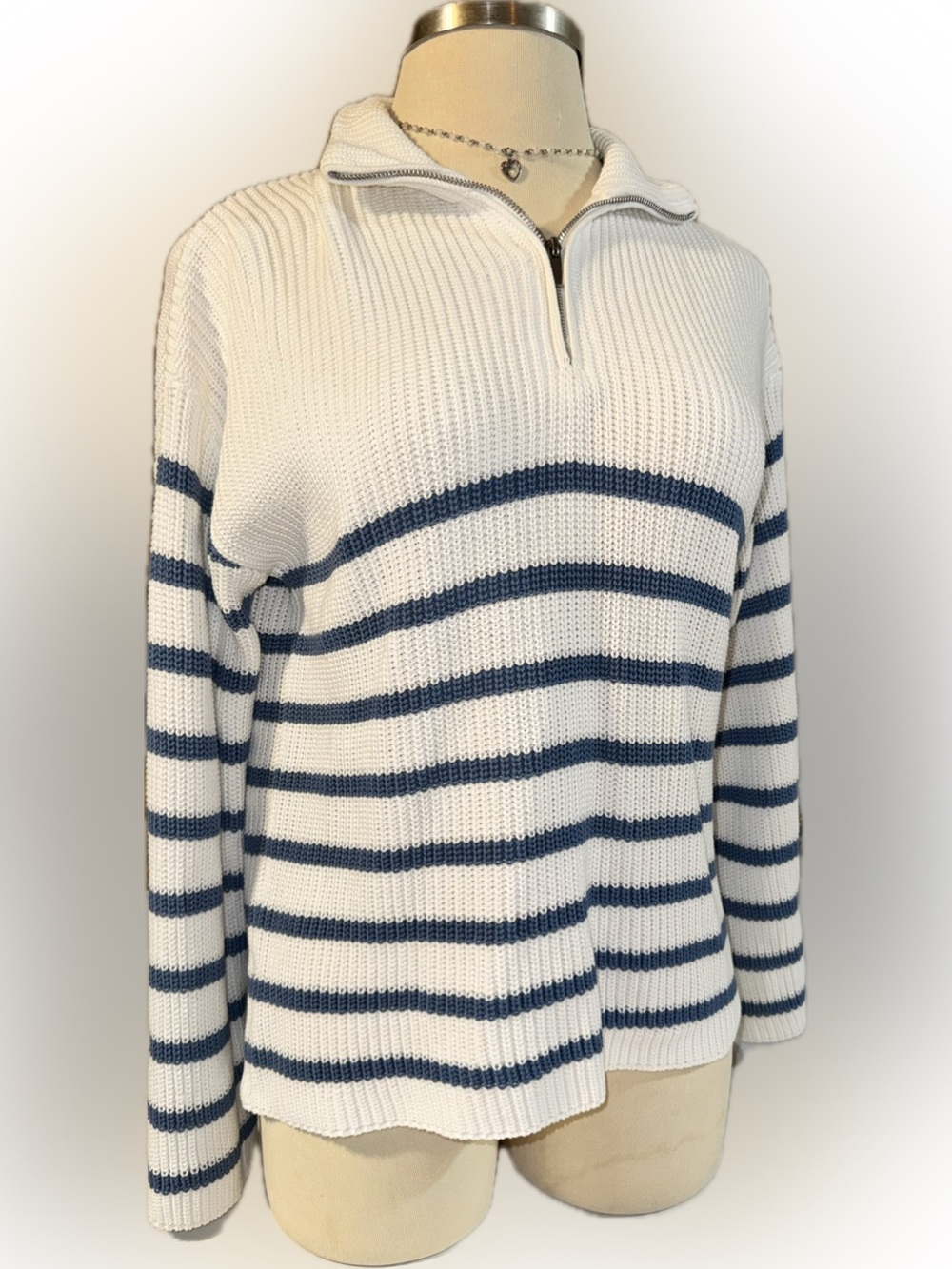 Edikted White & Blue Striped Oversized Half-Zip Sweater size XS